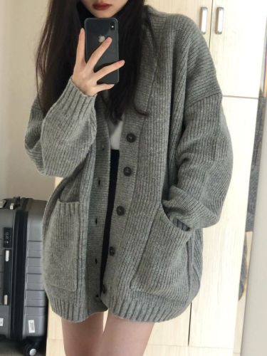  autumn and winter lazy style sweater cardigan gentle spring and autumn mid-length v-neck loose gray sweater jacket for women