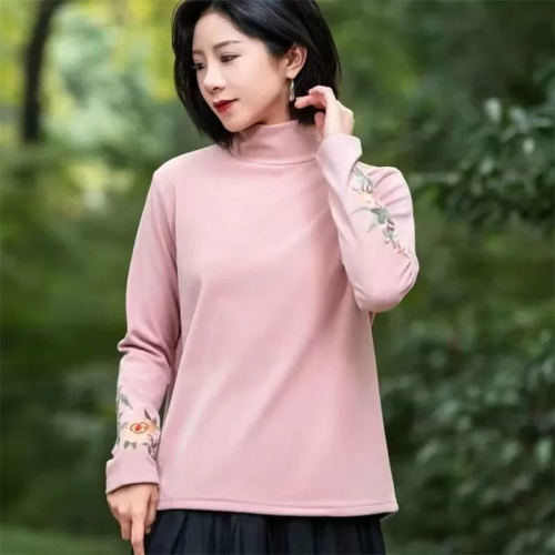 Autumn and winter new double-sided retro German velvet literary embroidery bottoming high collar warm ethnic long-sleeved T-shirt top