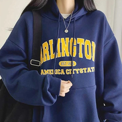 Plush hooded sweatshirt for women, autumn and winter loose retro letter print long-sleeved bestie top jacket