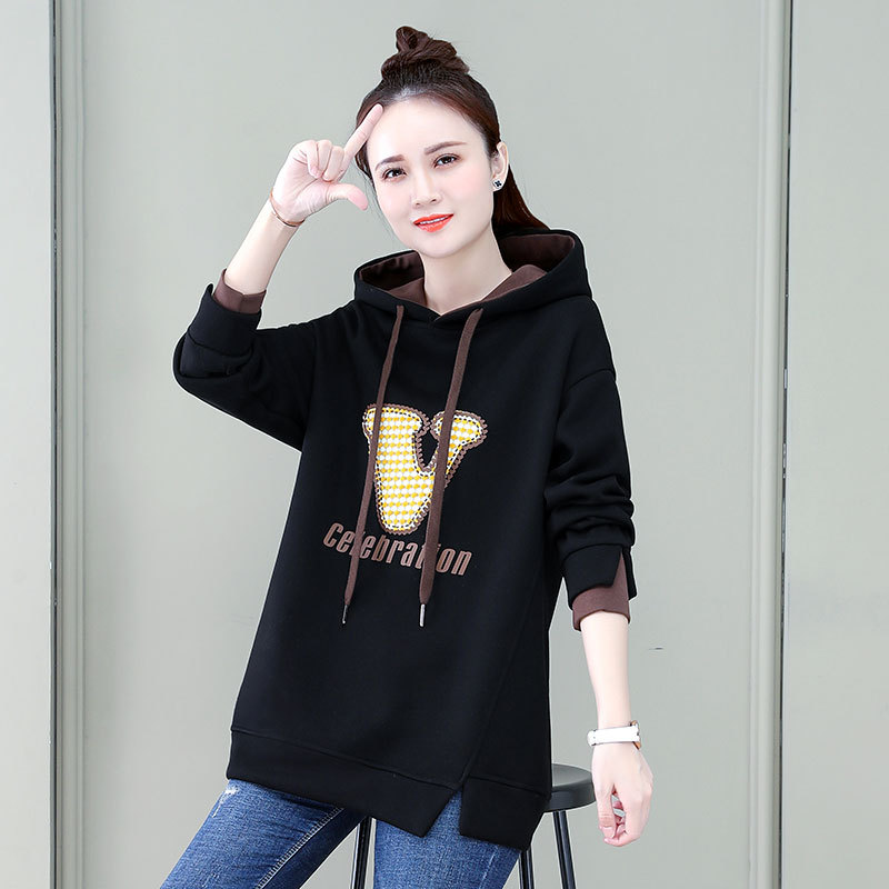 Women's sweatshirt winter new style foreign style plus velvet thickening popular small letter hooded fake two-piece jacket