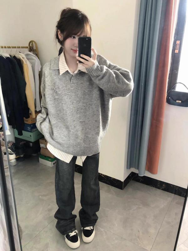 National fashion brand gray loose soft waxy polo collar sweater for women autumn and winter lazy style high-end casual fashion top trend
