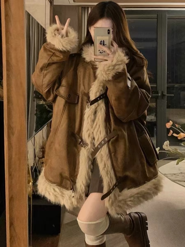 Retro fur stitching suede Maillard stand collar cotton coat women's trendy brand winter couple's warm jacket