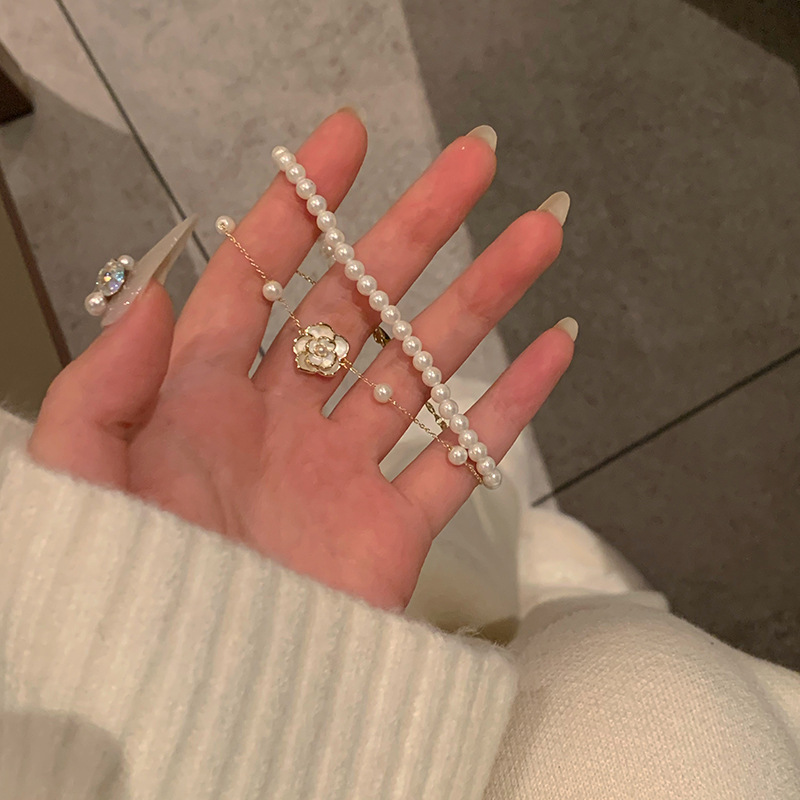輕奢小眾山茶花珍珠手鍊女超仙氣質ins潮雙層疊戴冷淡風手飾
