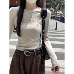 Real shot of autumn and winter Korean style slim raglan fishbone letter patch design pure cotton long-sleeved inner T-shirt top