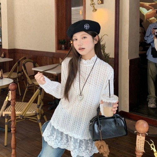 Real shot of white bottoming shirt for women 2024 autumn and winter high-end T-shirt with lace inner long-sleeved T