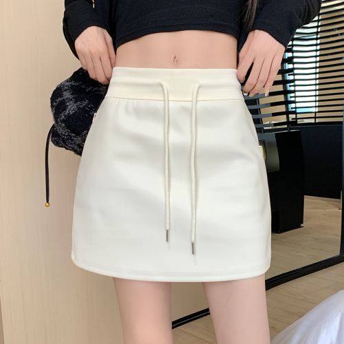 Hot Girl Drawstring Short Skirt PU Leather Skirt Autumn and Winter Girls Sportsy High Waist Covered Hips A-Line Skirt