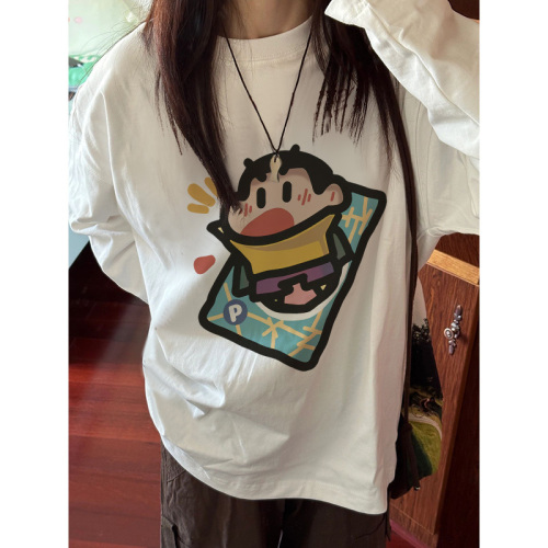 High quality pure cotton 200g 21 count combed precision printed autumn loose long sleeve T-shirt for women