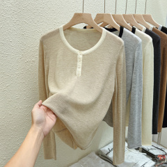 Autumn and winter Korean style soft and waxy versatile round neck half-breasted loose long-sleeved sweater with knitted bottoming shirt