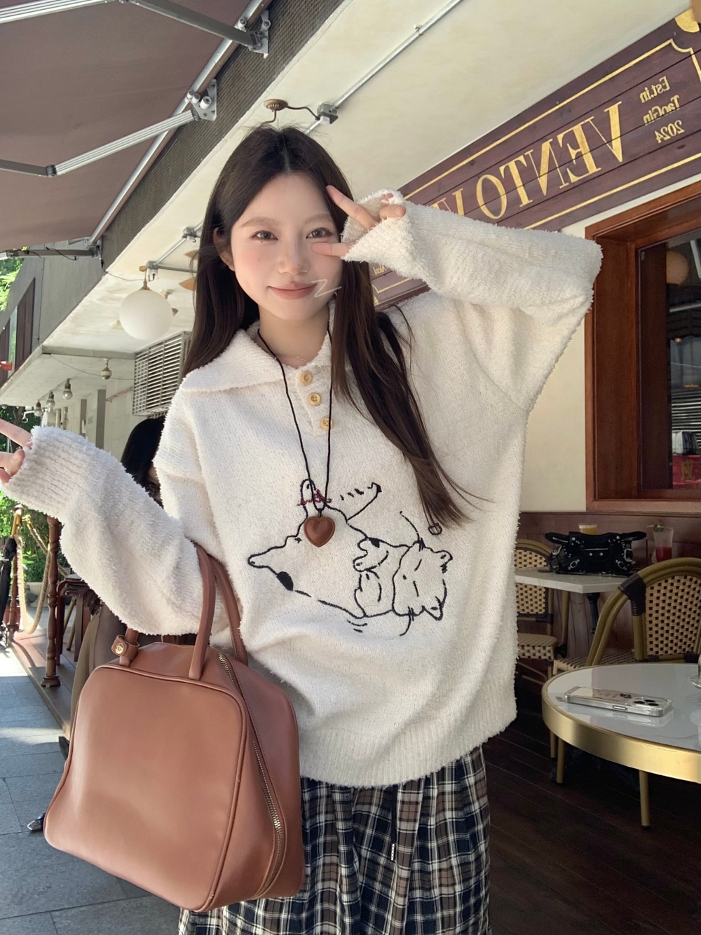 Actual shot of fun kitten embroidered hoop yarn POLO collar sweater design lazy jacket top + plaid pants