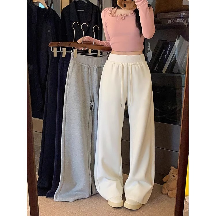High-waist patchwork casual pants with drawstring, women's autumn lined wide-leg pants, loose straight-leg floor-length pants