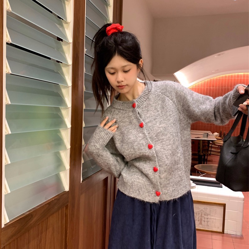 Japanese wool red love button sweater coat women's loose round neck knitted cardigan top