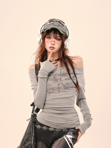 Pure cotton niche design off-shoulder halterneck American hottie top long-sleeved slim versatile long-sleeved T-shirt