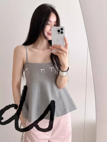 Korean style chic summer retro age-reducing square collar contrasting color bow design slim and versatile knitted suspender top for women