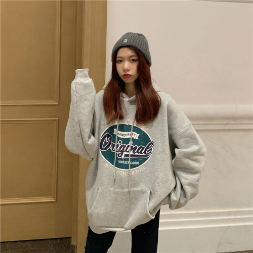 New 2024 Autumn and Winter Korean Style Loose Mid-Length Velvet Thickened Hooded Sweatshirt Women's Salt Print Long Sleeve Top