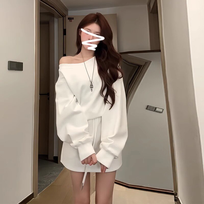 Women's Loose Casual Slanted Collar Long Sleeve Top with Drawstring High-Waisted Slimming Pleated Skirt Set of 2