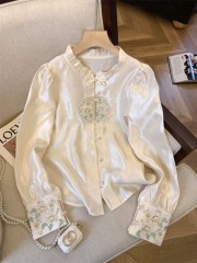 Ancient style stand collar embroidered top for women early spring new style high-end foreign style new Chinese style light national style shirt