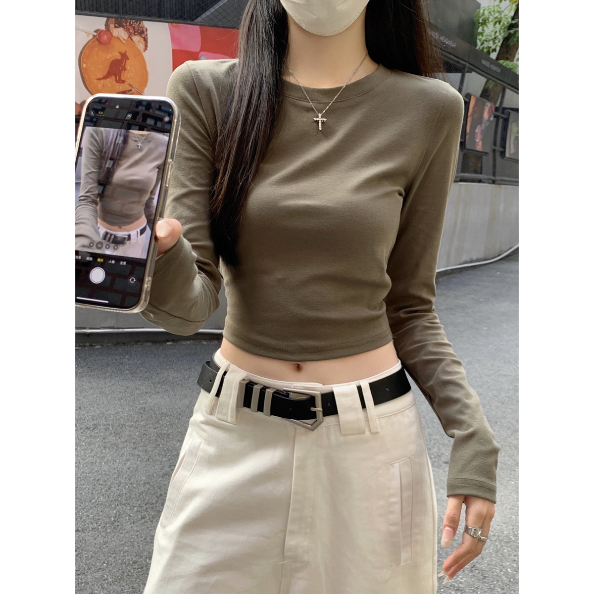 Actual shot of autumn and winter Korean style round neck slim fit simple versatile pure cotton short long sleeve inner T-shirt top for women