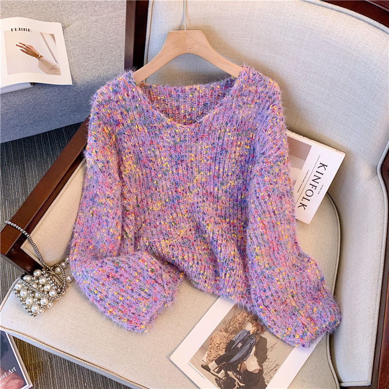 Korean style thick-knit colorful sweaters, versatile and stylish, loose, lantern-sleeved, short pullover sweaters for fall and winter.