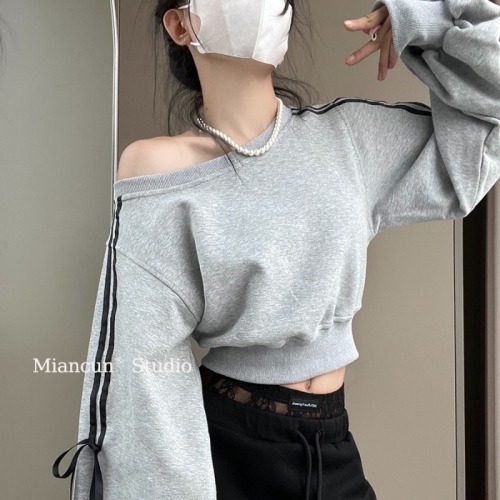 纯棉华棉复合牛奶丝320克#美式辣妹露肩卫衣女短款条纹系带上衣