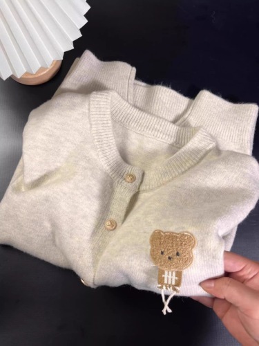 Bear embroidered round neck knitted cardigan for women in autumn new style soft and lazy style sweater jacket top