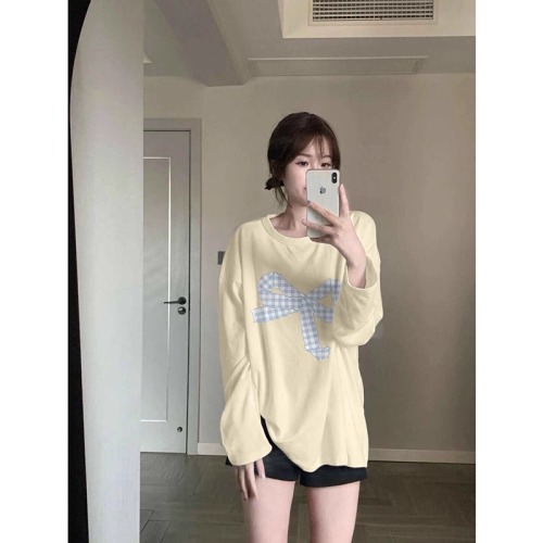 High quality pure cotton 200g 21 count combed precision printed autumn loose long sleeve T-shirt for women