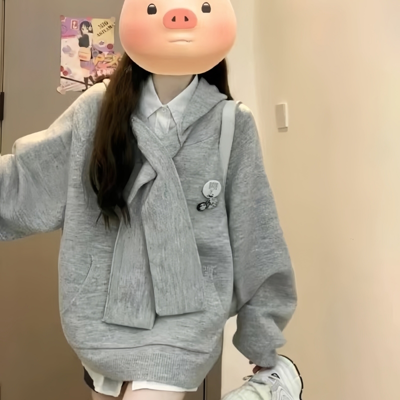 Retro hooded sweater for women in autumn and winter, loose preppy style, small, lazy top, trendy outer wear