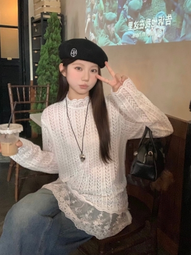 Real shot of white bottoming shirt for women 2024 autumn and winter high-end T-shirt with lace inner long-sleeved T