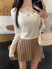 Real shot of autumn and winter new style lace T-shirt with chest pad for women, short long-sleeved bottoming shirt top