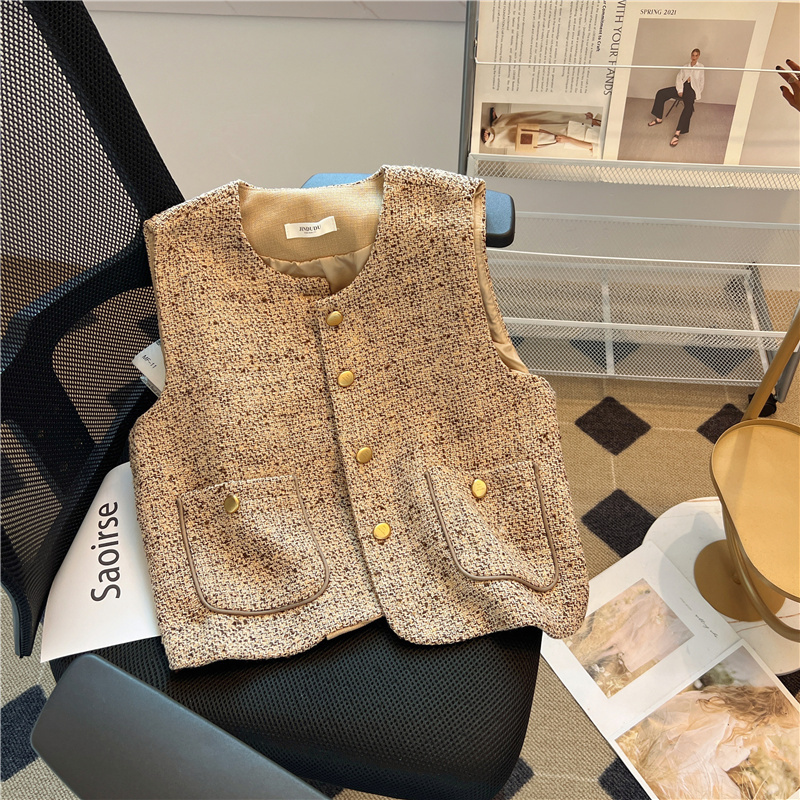 ~Xiaoxiangfeng round neck waistcoat cardigan women's autumn wear temperament slim single-breasted cardigan for small people