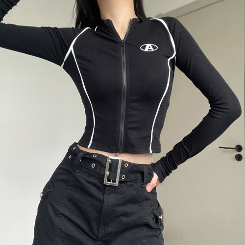 Sexy Hot Girl Contrast Color Splicing Long Sleeve T-Shirt Women's Spring and Autumn New Style Tight Inner Bottoming Top