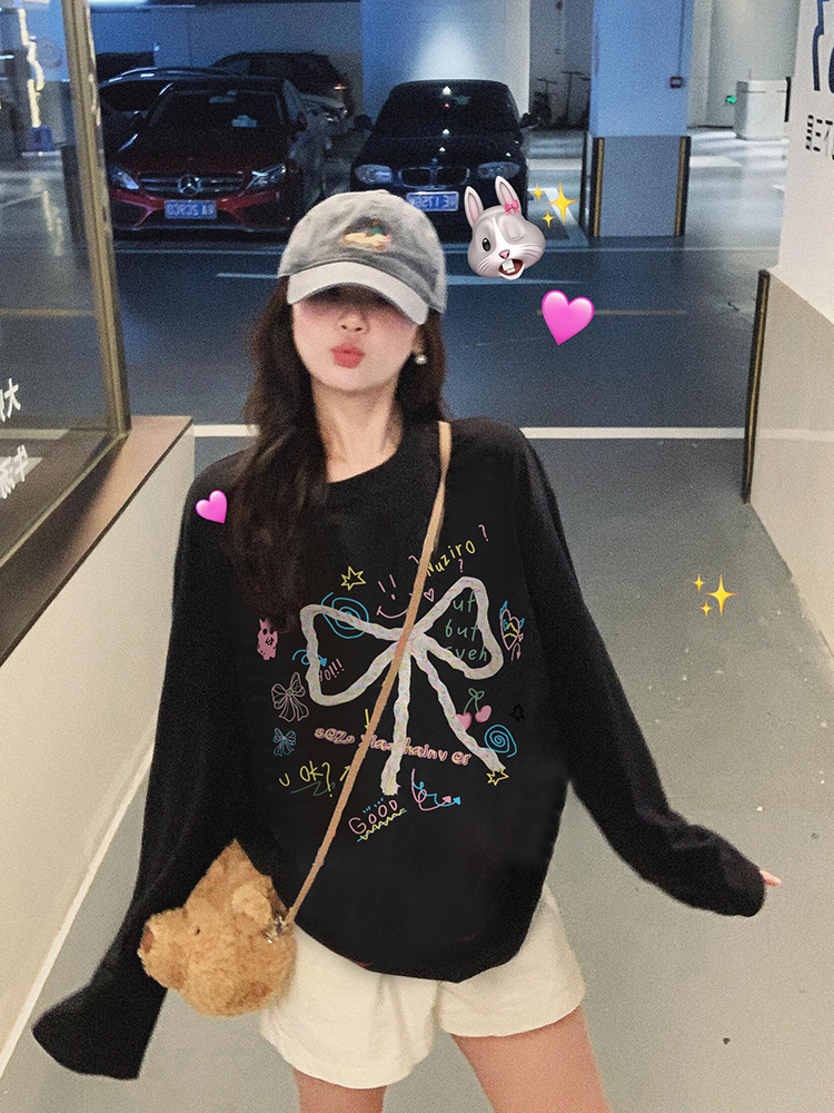 Pure cotton personalized printed long-sleeved T-shirt for women, white contrasting color, simple inner layer, high-end bottoming top
