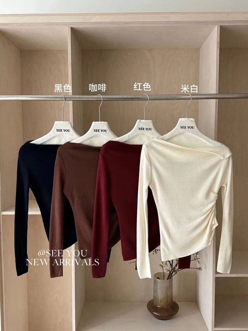 Pure desire, light mature style, pleated, irregular, simple, solid color, design, slimming, slimming top, women's bottoming shirt