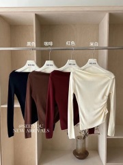 Pure desire, light mature style, pleated, irregular, simple, solid color, design, slimming, slimming top, women's bottoming shirt