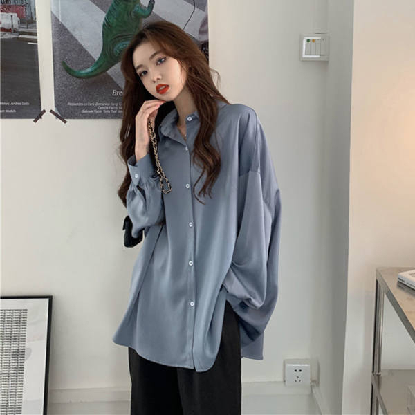 Retro Hong Kong style blue long-sleeved shirt for women with niche design and versatile outer wear top