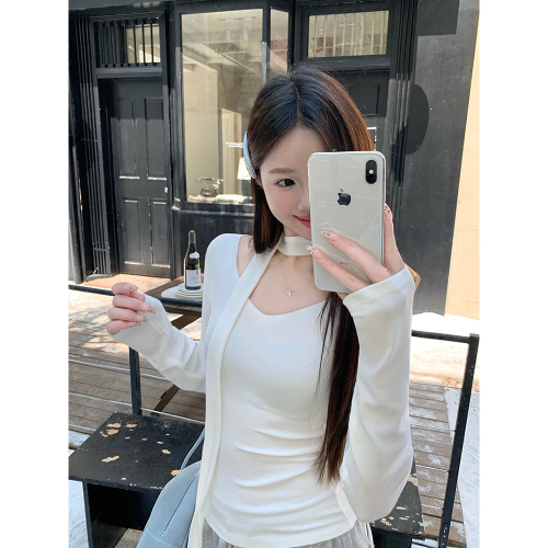 Real shot of beautiful basic V-neck long-sleeved T-shirt for women Korean design waist slimming early autumn chic top