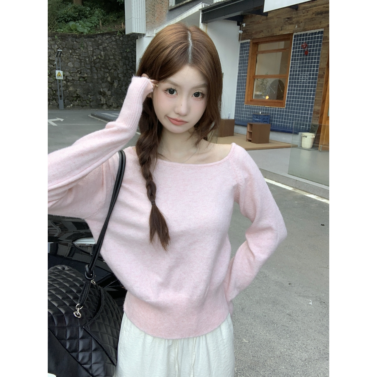 Photographed Autumn/Winter Korean Version Elegant Sloping Shoulder Sweet Versatile Wool Knit Long Sleeve Base Top for Women