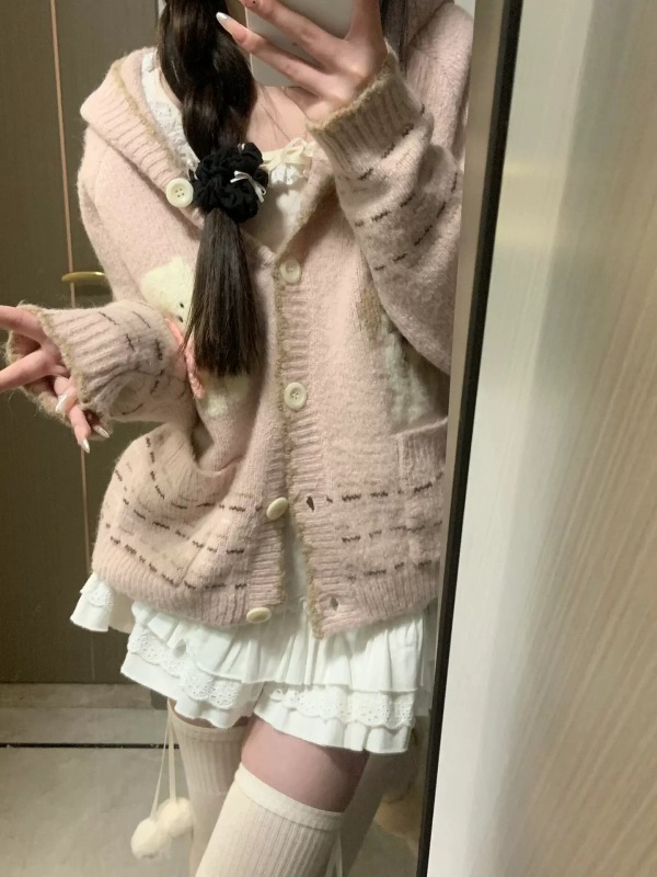 Sweet and cute hooded cardigan sweater jacket for women, spring and autumn, small student, loose, lazy, short sweater