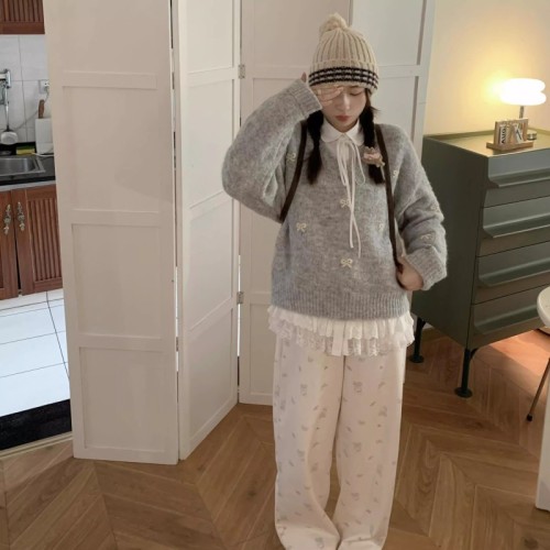 TheDouerr Gray Girl Bow Collar Grey Cardigan Knit Top