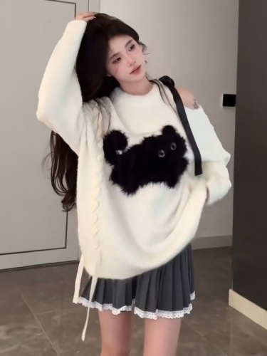 Lazy style fufu sweet off-shoulder strap design pullover sweater for female students autumn and winter loose sweater