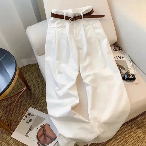 Women's Autumn 2024 White Wide Leg Straight-Jacketed Floor-Length Trousers with High Waist