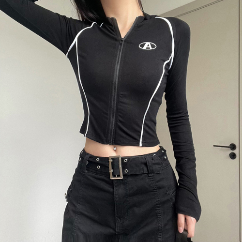 Sexy Hot Girl Contrast Color Splicing Long Sleeve T-Shirt Women's Spring and Autumn New Style Tight Inner Bottoming Top