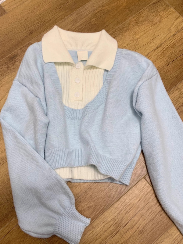 #sheepmere# Korean style lazy college style blue polo collar sweater for women spring and autumn high waist two-piece knitted sweater
