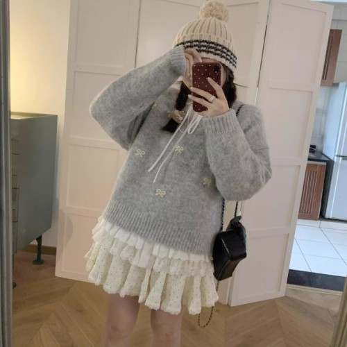 TheDouerr Gray Girl Bow Collar Grey Cardigan Knit Top