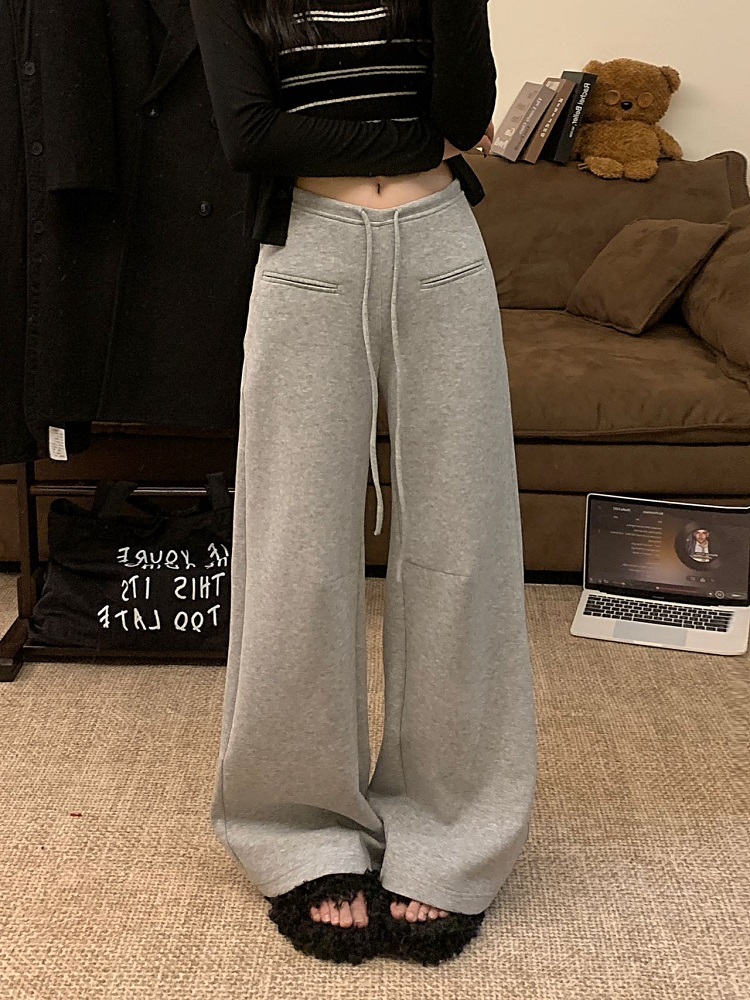 Real shot air layer double lip bag design drawstring sport pants autumn high waist slimming straight tube casual pants tapered pants 