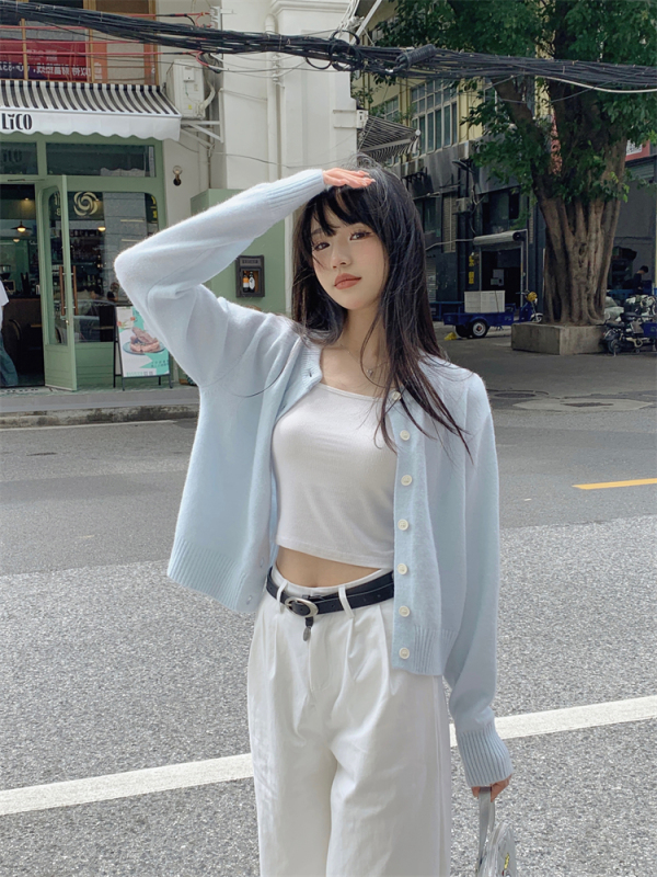 Autumn new light blue knitted sweater jacket + slimming loose casual straight pants