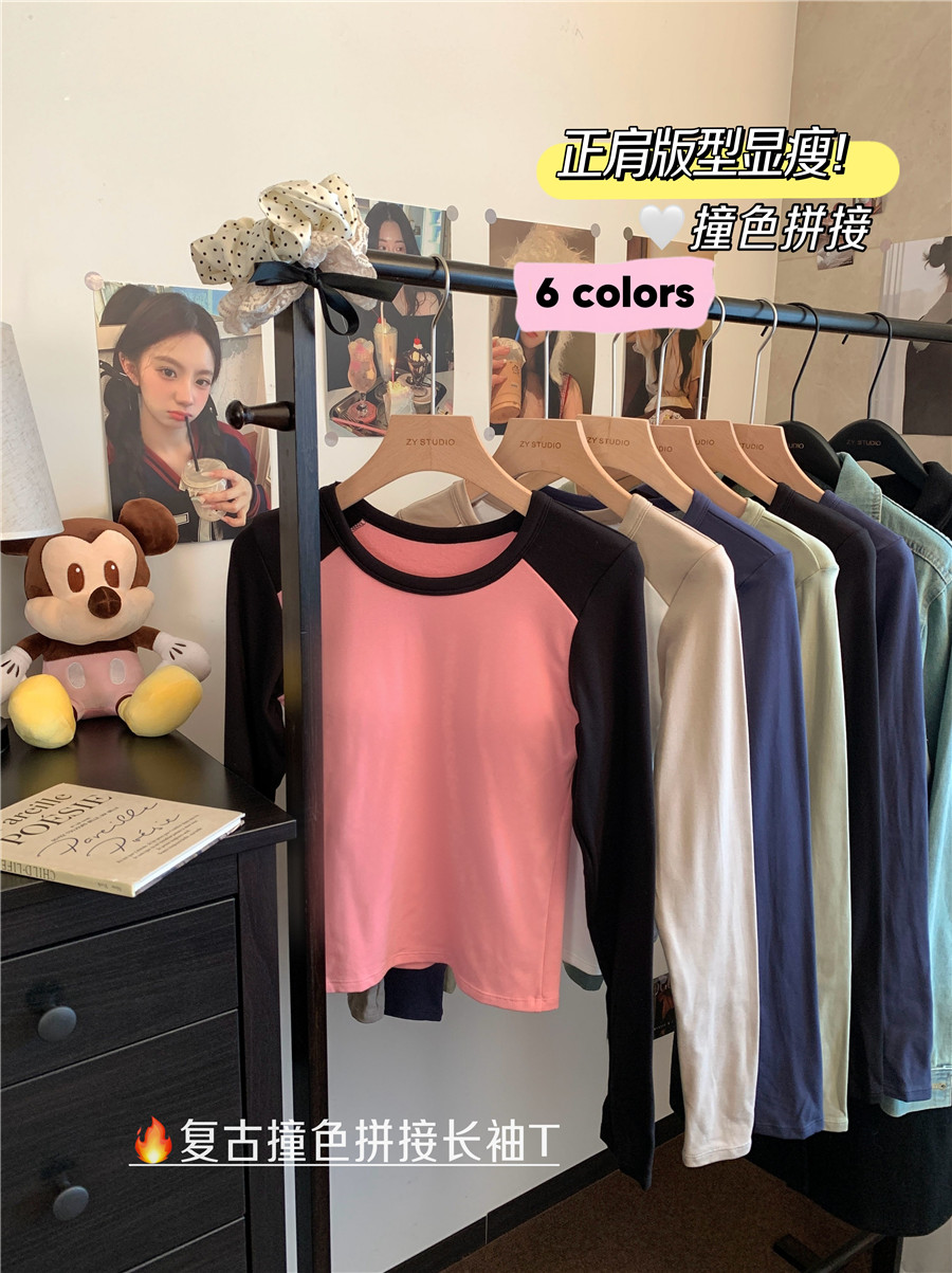 實拍~復古拼接撞色磨毛保暖T恤秋冬圓領正肩打底衫上衣