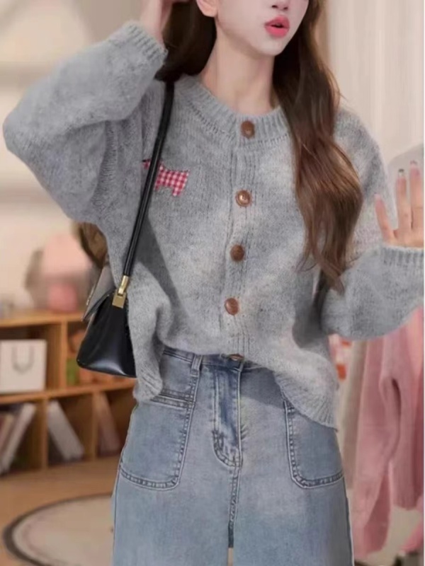 Korean puppy patch candy color sweet knitted cardigan sweater autumn and winter new style lazy style jacket for women
