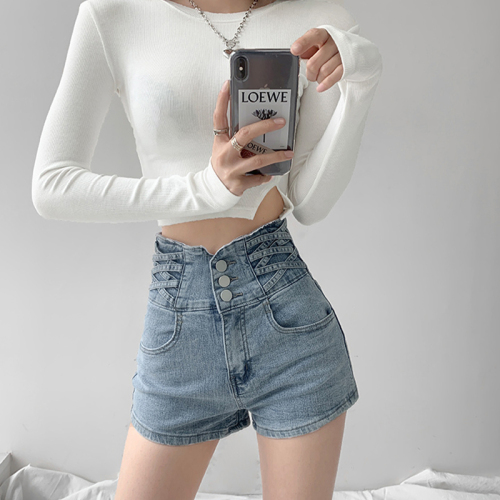 FYQ-Female slightly stretchy high-waisted thin hot pants design with a-line wide-leg shorts