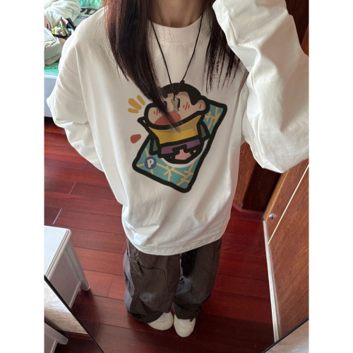 High quality pure cotton 200g 21 count combed precision printed autumn loose long sleeve T-shirt for women