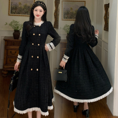 Photographed~ French-style lady plus-size velvet lined A-line dress with Chanel-style Humpback fashion, winter Audrey Hepburn-style black dress